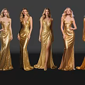 Five Women In Gold Sequin Dresses Posing For Fashion Photography