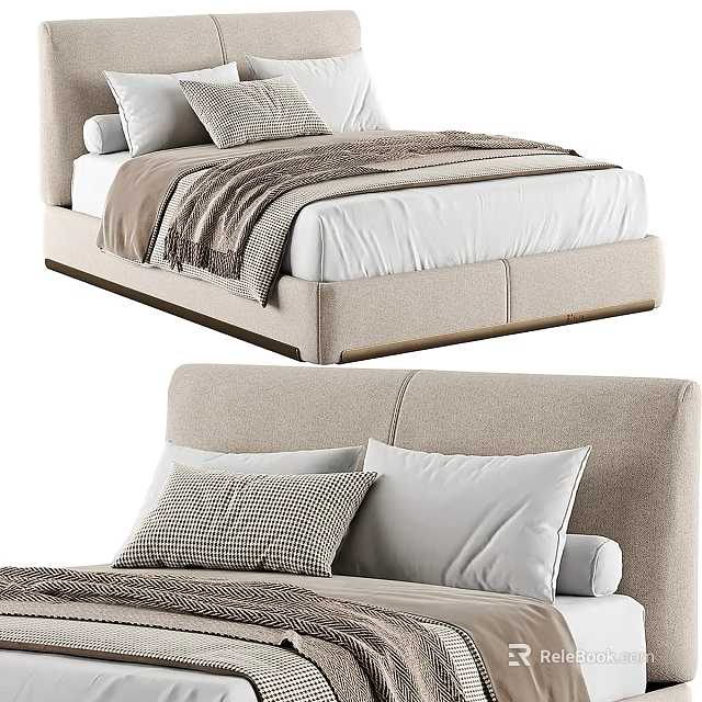 Modern Upholstered Double Bed With Beige Headboard White Mattress Decorative Pillows And Soft Blanket 3d model 