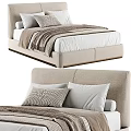 Modern Upholstered Double Bed With Beige Headboard White Mattress Decorative Pillows And Soft Blanket