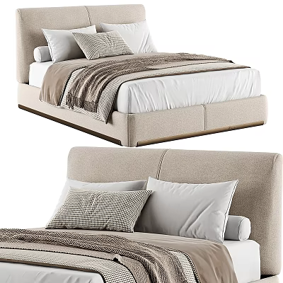 Modern Upholstered Double Bed With Beige Headboard White Mattress Decorative Pillows And Soft Blanket 3d model