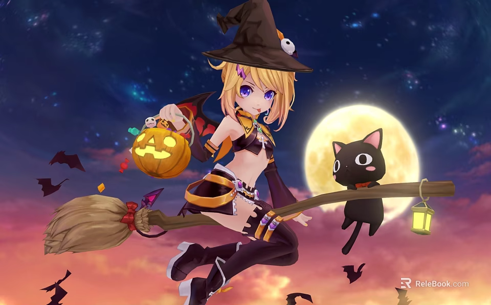 Game Witch Character Riding Broomstick With Blonde Hair Jack O Lantern Black Cat Full Moon 3d model 