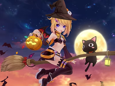Game Witch Character Riding Broomstick With Blonde Hair Jack O Lantern Black Cat Full Moon 3d model