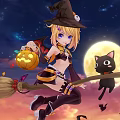 Game Witch Character Riding Broomstick With Blonde Hair Jack O Lantern Black Cat Full Moon