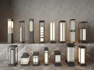 Assorted Stylish Outdoor Lights Showcasing Different Designs Metal Frames Glass Shades 3d model