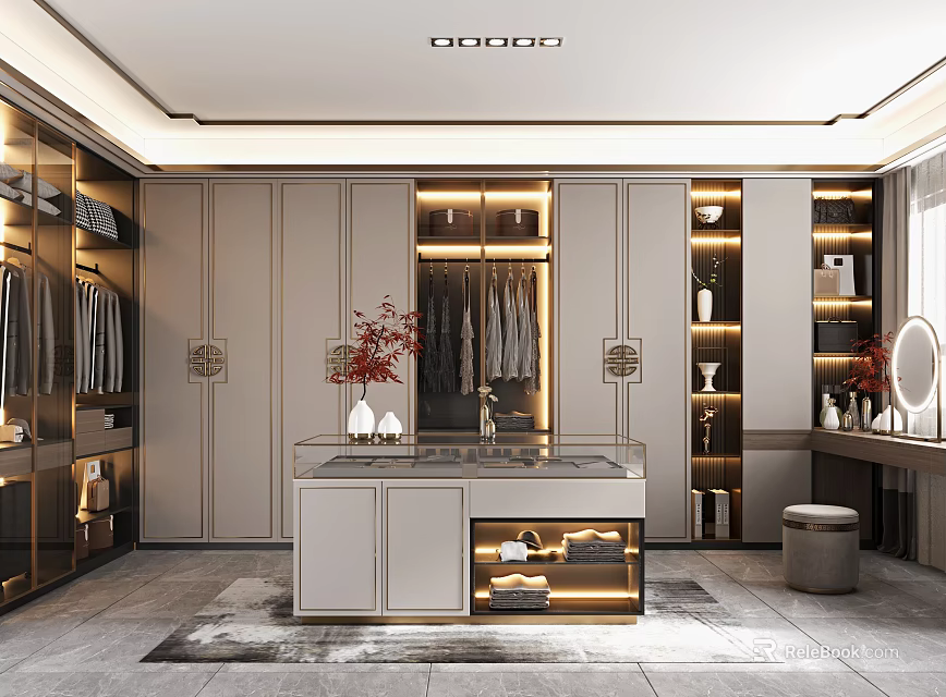 Elegant Modern Walk in Closet Interior With Glass Door Cabinets LED Lighting And Mirror Vanity 3d model 