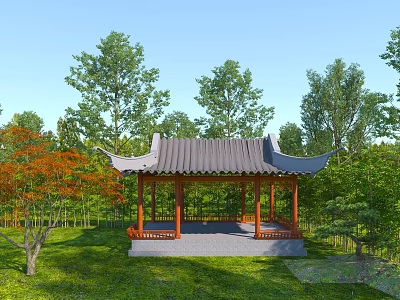 Traditional Chinese Pavilion With Curved Roof In Green Garden And Red Leaved Trees 3d model