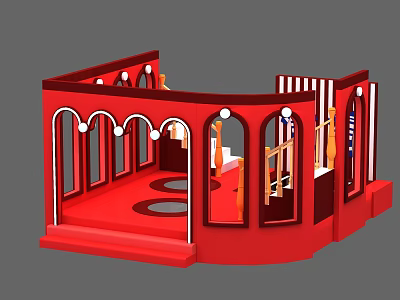 Red Exhibition Booth Design With Arched Windows Red Carpet Striped Panels And Steps 3d model