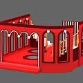 Red Exhibition Booth Design With Arched Windows Red Carpet Striped Panels And Steps