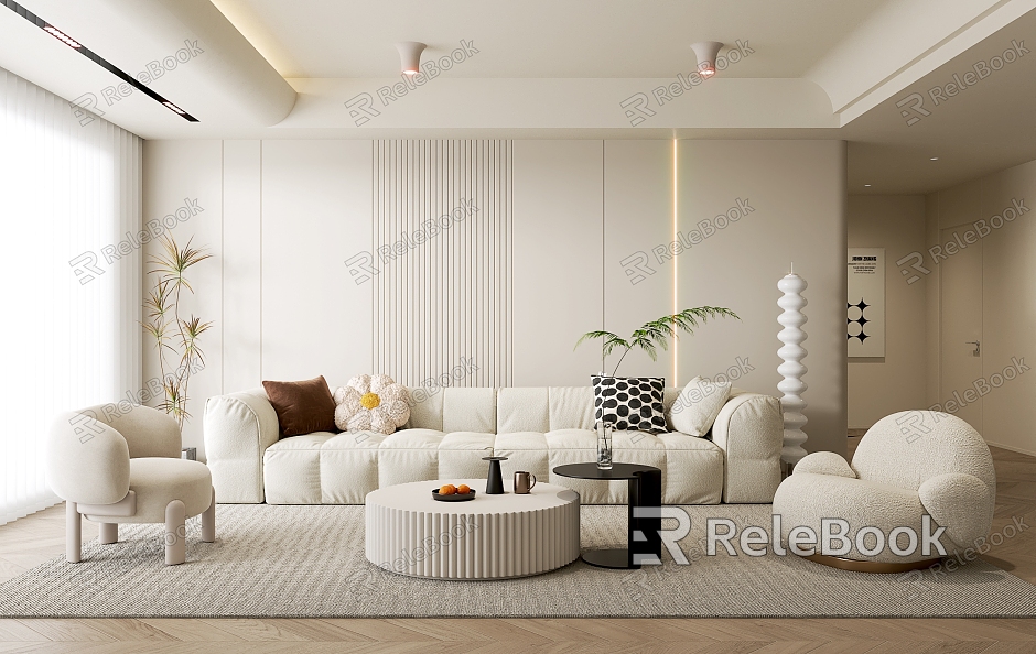 Modern Cream Style Living Room Sofa Coffee Table Combination Single Person Sofa Multi Person Sofa Picture Floor Lamp Carpet model