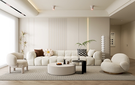 Modern Cream Style Living Room Sofa Coffee Table Combination Single Person Sofa Multi Person Sofa Picture Floor Lamp Carpet 3d model