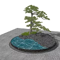 Garden Ornament With Circular Base Shaped Tree Rocks And Greenery On Black Marble