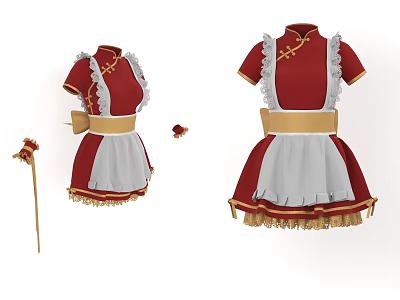 Red And White Maid Costume With Golden Belt Lace Trim And Accessories 3d model