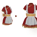 Red And White Maid Costume With Golden Belt Lace Trim And Accessories