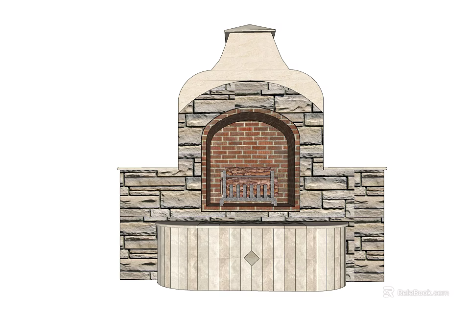 Stone and Brick Fireplace Design with Arched Opening and Wooden Base 3d model 