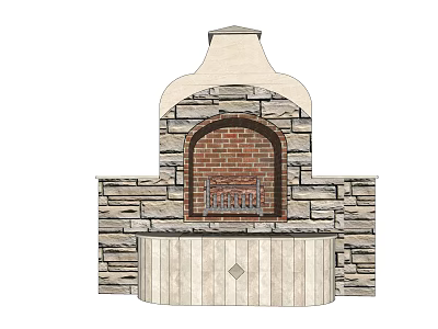 Stone and Brick Fireplace Design with Arched Opening and Wooden Base 3d model