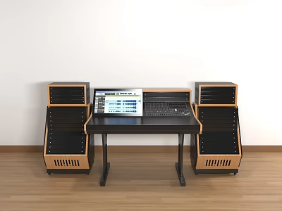 Modern Office Desk With Computer Monitor Keyboard And Filing Cabinets 3d model