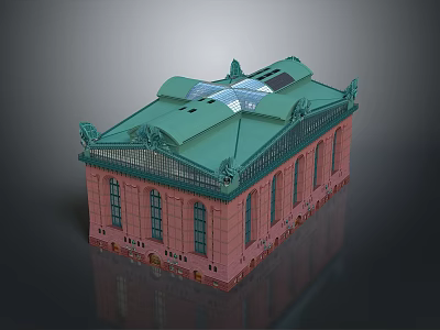 Red Brick Library Building With Green Roof Skylights And Ornate Decorative Elements 3d model