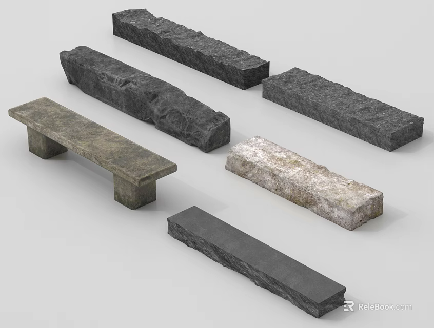 Multiple Stone Benches Featuring Varied Textures And Natural Surface Designs For 3d model