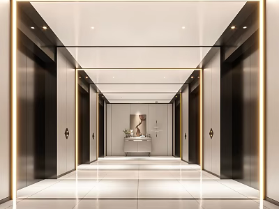 Sleek Modern Elevator Lobby With Ceiling Lights Console Table And Greenery 3d model