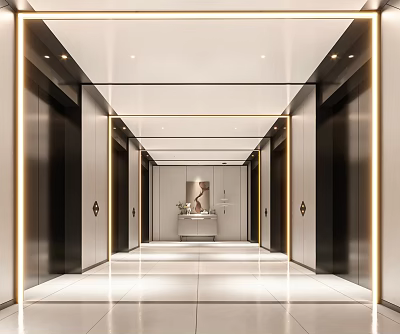 Sleek Modern Elevator Lobby With Ceiling Lights Console Table And Greenery 3d model