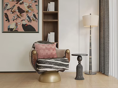 Single Sofa in Modern Living Room with Pink Cushion Black White Striped Blanket Gold Base 3d model