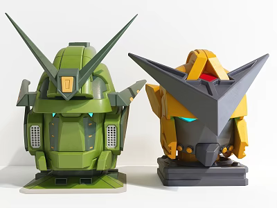 Smart Robot Head Models With Green Yellow Gray Design Sharp Horns And Base 3d model Smart Robot Head Models With Green Yellow Gray Design Sharp Horns And Base 3d model
