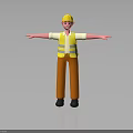 3D Construction Worker Figure With Yellow Hard Hat Safety Vest And Brown Pants