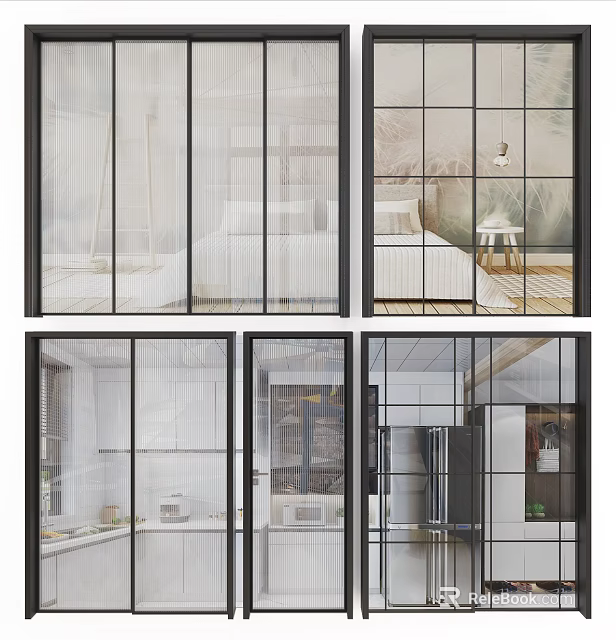 Modern Sliding Doors with Glass Panels in Bedroom and Kitchen Spaces 3d model 