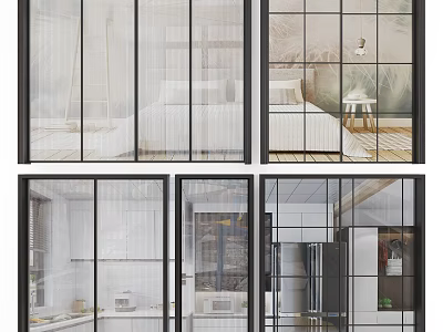 Modern Sliding Doors with Glass Panels in Bedroom and Kitchen Spaces 3d model