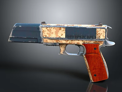 Camouflage Patterned Tactical Pistol With Brown Wooden Grip And Black Components 3d model