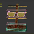 Red Wooden Eyeglass Stand With Multiple Transparent And Orange Shelves Holding Black Eyeglasses