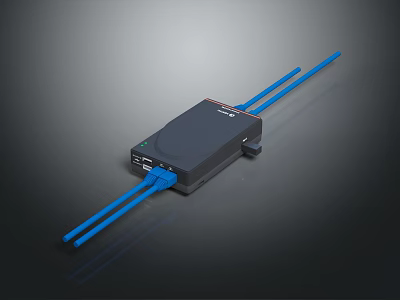 Black Electronic Device With Blue Cables And Indicator Ports On Reflective Dark Surface 3d model