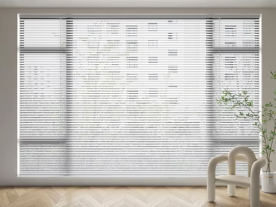 White Window Blinds in Modern Living Room with Wooden Floor White Chair and Green Plant 3d model