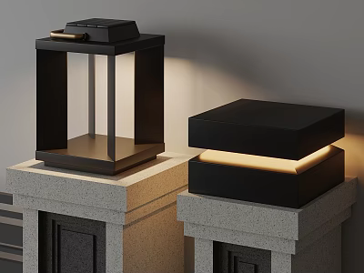 Two Modern Black Square Lanterns On Stone Pedestals With Illuminated Details 3d model