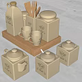White Kitchenware Set With Storage Jars Mugs And Wooden Tray Decorative Prints