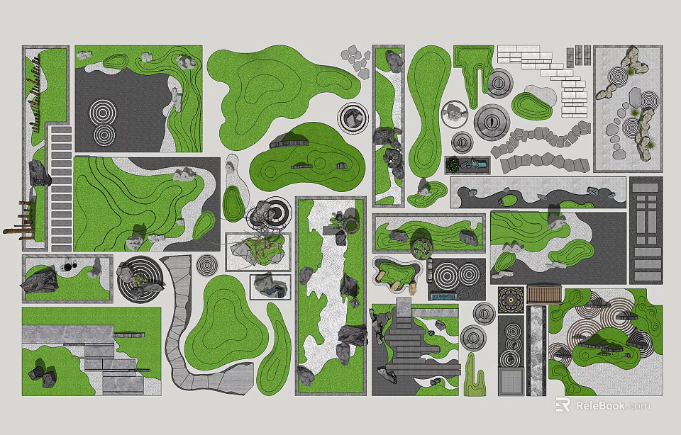 Various Garden Features Designs Featuring Green Landscapes Pathways And Decorative Elements 3d model