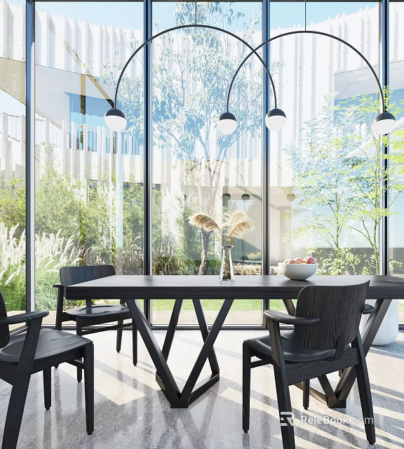 Modern Black Dining Table Set With Chairs Pendant Lights And Natural View 3d model 