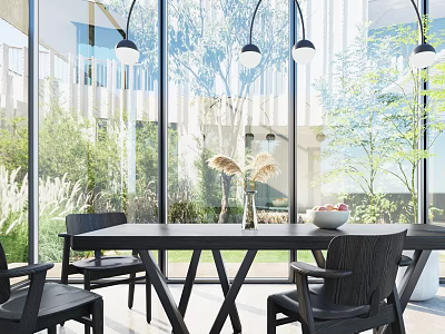 Modern Black Dining Table Set With Chairs Pendant Lights And Natural View 3d model