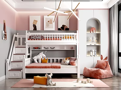 Kids Room Interior Design with Bunk Bed Stairs Pink Gray Walls and Stuffed Toys 3d model
