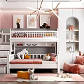 Kids Room Interior Design with Bunk Bed Stairs Pink Gray Walls and Stuffed Toys