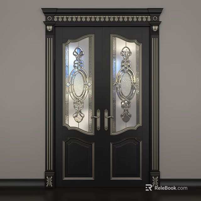 Elegant Black Double Doors With Ornate Glass Panels And Gold Accents 3d model 