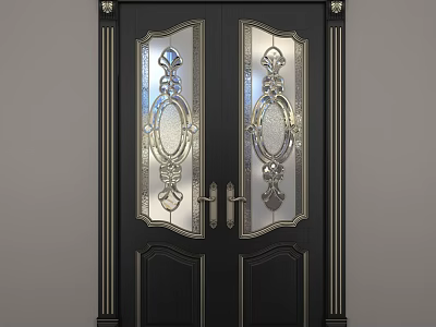 Elegant Black Double Doors With Ornate Glass Panels And Gold Accents 3d model