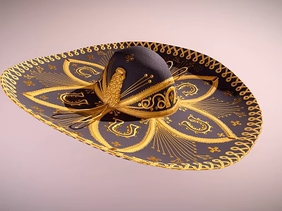 Wide Brim Mexican Sombrero Hat with Black and Gold Intricate Decorative Patterns 3d model
