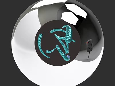 Blue Aquatic Animal With Tentacles In Black Circular Area On Silver Sphere Design 3d model