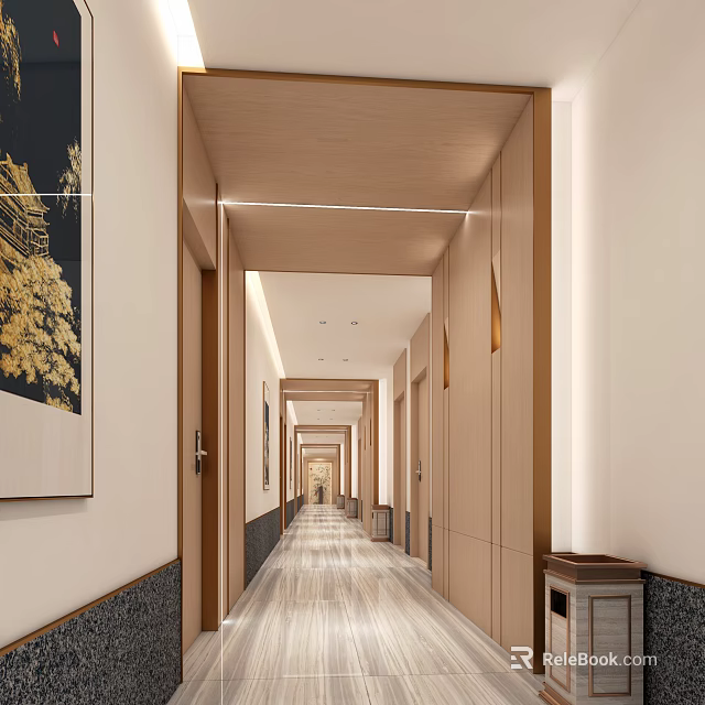 Elegant Hotel Corridor With Wooden Doors Recessed Lighting And Decorative Paintings 3d model 