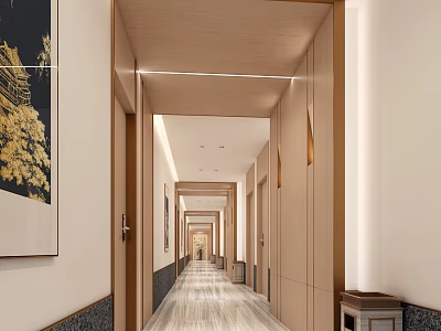 Elegant Hotel Corridor With Wooden Doors Recessed Lighting And Decorative Paintings 3d model