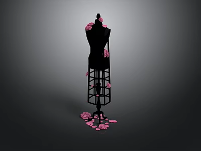 Black Mannequin Decorated With Pink Petals Standing In Dark Background 3d model