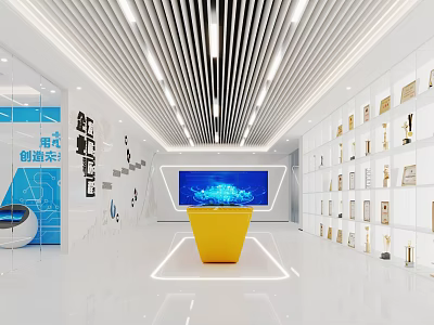Bright Modern Exhibition Hall With Yellow Platform Display Screen Blue Content And Wall Exhibits 3d model