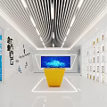 Bright Modern Exhibition Hall With Yellow Platform Display Screen Blue Content And Wall Exhibits