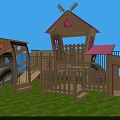 Outdoor Wooden Playground Equipment With Slide Windmill Playhouse Fence On Green Grass
